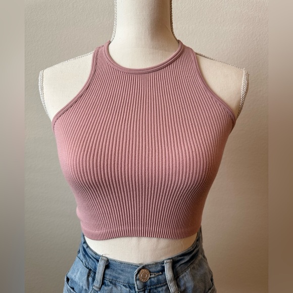 Pink High Neck Stretchy Ribbed Racer Back Crop Top Basic Size Small - Picture 2 of 5